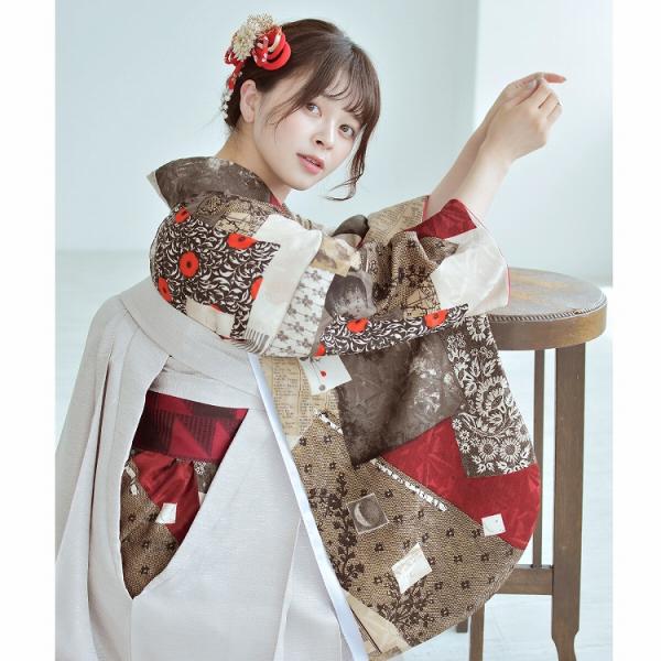 2尺袖 ブランド ポリエステル着物 モダンアンテナ 銀彩 袴用 躾糸付き 袴 レンタル 卒業式 2尺袖着物 17点セット モダンアンテナ レトロ 袴