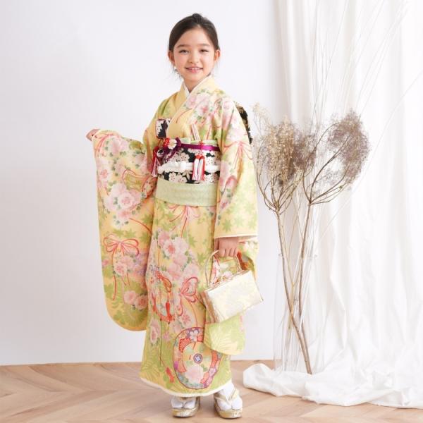 レンタル 七五三 着物 7歳 セット 華徒然 レトロ 花 黄系 古典 桜 貝桶