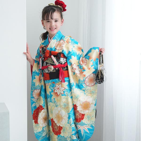 レンタル 七五三 着物 7歳 京舞 女の子 四つ身 絵羽 色づく八重桜・水色 着物セット 子供 七歳 七才 女児 着物 作り帯 新品足袋プレゼント