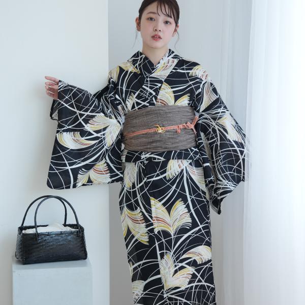 浴衣 レディース セット utatane 浴衣 3点セット 高級変わり織 黒地に琥珀色のすすき フリーサイズ 浴衣・帯・下駄付き 黒 兵児帯 ●