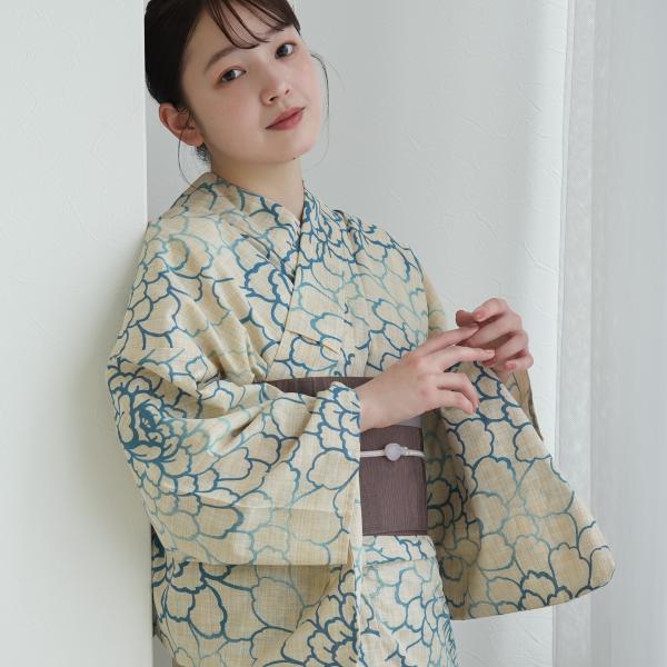 浴衣 レディース セット 綿麻 高級変わり織 utatane 先染めベージュ・薄青ひろがる牡丹 フリーサイズ 特選・麻混/綿麻 デパート品質 浴衣・帯・下駄 ●