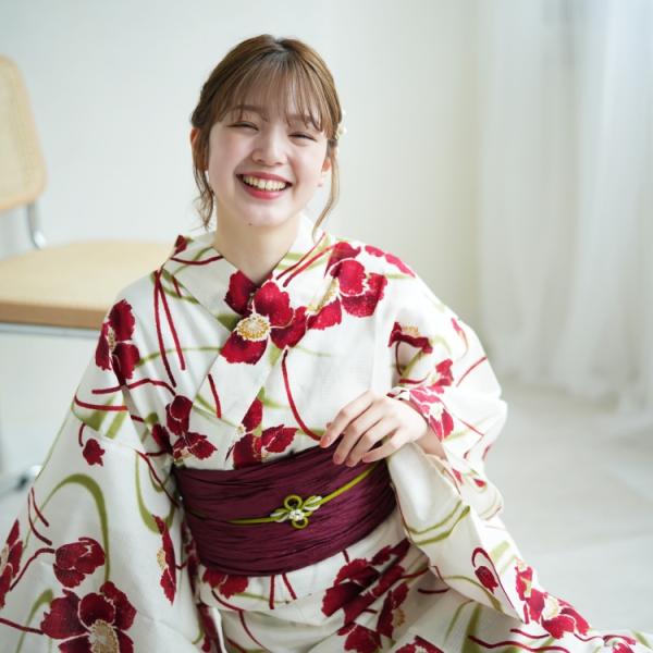浴衣 レディース セット 簡単 セパレート 二部式 utatane 高級変わり織 フリーサイズ ゆかた上下/帯/下駄 レトロホワイトに流れる赤い花 きなり 赤 ●