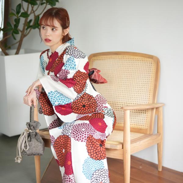 浴衣 レディース セット セパレート 簡単 二部式 フリーサイズ ニコアンティーク 浴衣3点セット 赤とミントのぽんぽん菊 ゆかた上下・帯・下駄 ●