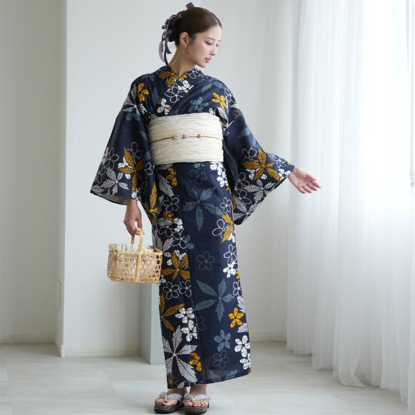 浴衣 レディース セット セパレート 簡単 utatane 二部式 浴衣 3点セット 高級変わり織 紺地にイエローの疋田花 フリーサイズ ゆかた上下・帯・下駄 紺 ●