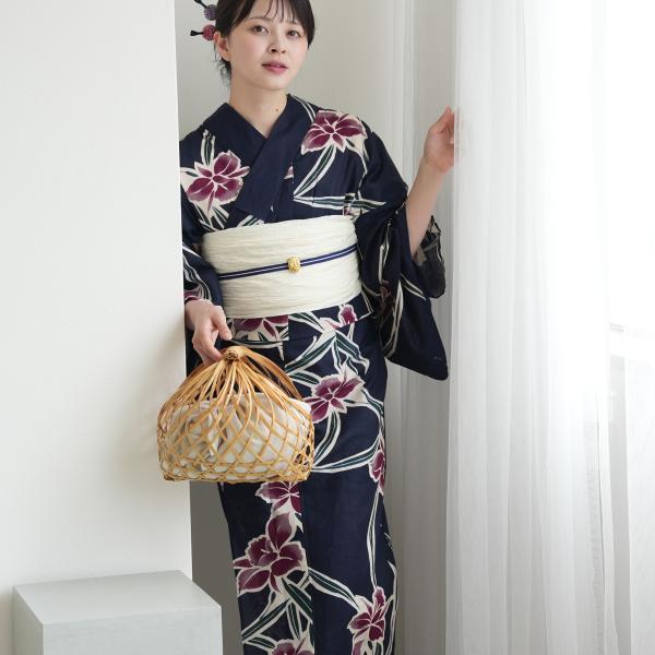 浴衣 レディース セット セパレート 簡単 utatane 二部式 浴衣3点セット 紺地に伸びやかな蘭の花 フリーサイズ 浴衣（ゆかた上下）・帯・下駄 紺 ●