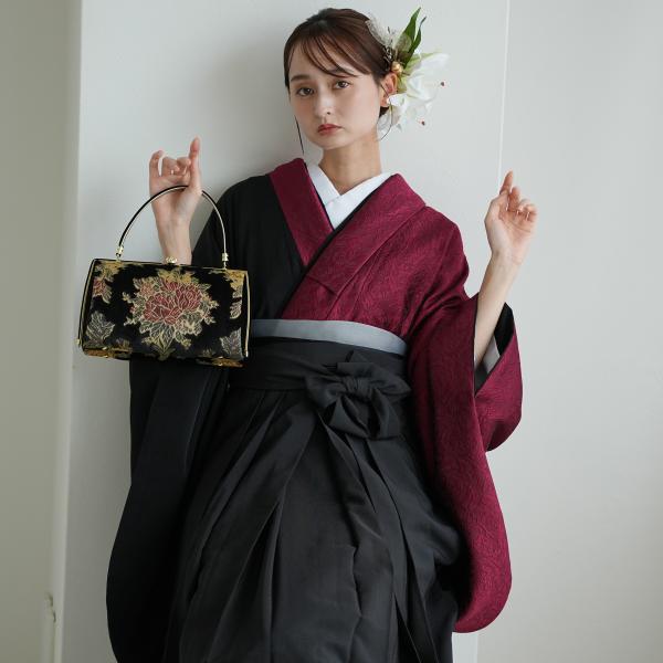 袴 卒業式 大学生 販売 utatane 袴と着物の2点セット 半身 密か紅×ブラック 二尺袖着物 レディース 袴91cm 95cm 重ね衿縫い付済 えんじ 赤 黒 アシンメトリー
