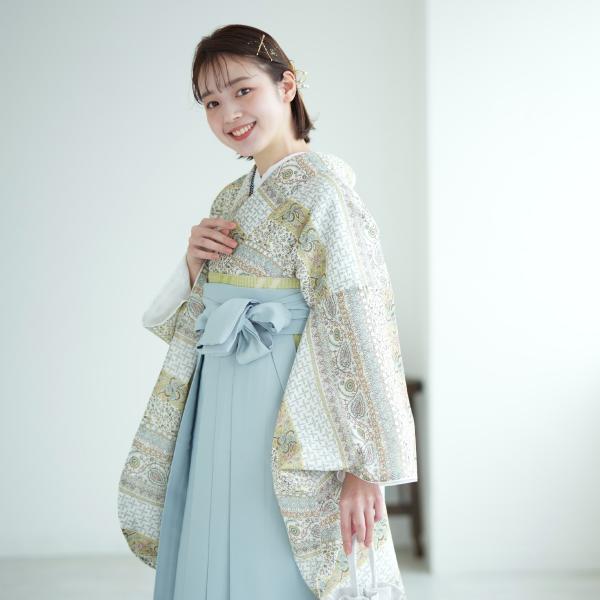 袴 中古 販売 卒業式 着物と袴の2点セット リサイクル着物セット 二尺 utatane 袴95cm 袴セット 大学生 重ね衿縫い付済 ペイズリー 白系 レトロ 販売 購入