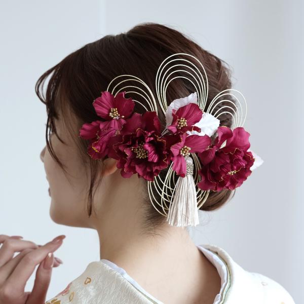 髪飾り 成人式 振袖 牡丹＆水引＆タッセル Uピン5点セット 花 ヘアアクセ大正ロマン レトロ アンティークカラー 袴 卒業式 前撮り ヘアメ ヘアアレンジ 日本製