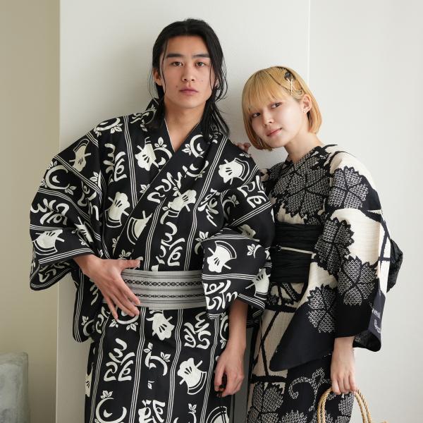 浴衣 メンズ セット utatane×注染工房 浴衣3点セット 斧琴菊（よきこときく）ブラック 男 男性 特選 注染 M L 浴衣セット（ゆかた・帯・下駄）日本製  ●