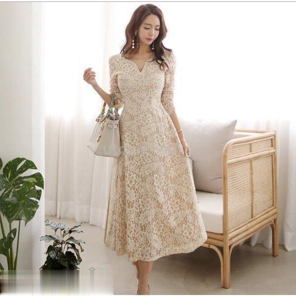 パーティードレス 袖あり 韓国風 結婚式 ドレス レース ワンピース ロング丈 フォーマルドレス 上品 大きいサイズ お呼ばれ 二次会 同窓会 服 着痩せ 代 30代 Utopie 通販 Yahoo ショッピング