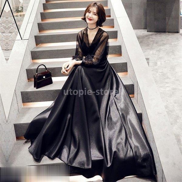 ロングドレス 演奏会 パーティードレス ブラックドレス レディース 結婚式 ドレス ワンピース 長袖 ロング丈 発表会 お呼ばれ 二次会 披露宴 上品 高級 黒 Utopie 通販 Yahoo ショッピング