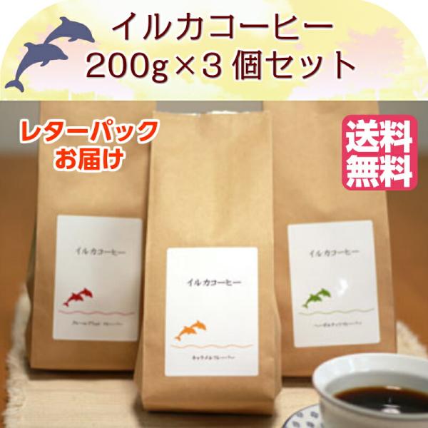 イルカコーヒー 4種のフレーバーから選べる 200g 3袋 コーヒー粉 フレーバーコーヒー 珈琲 ドルフィンブルー