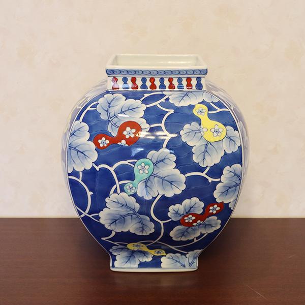 送料無料】有田焼 染錦ひょうたん絵花瓶（木箱付） 18-079