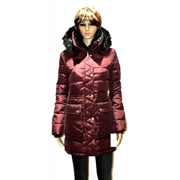 burgundy puffer coat with fur hood