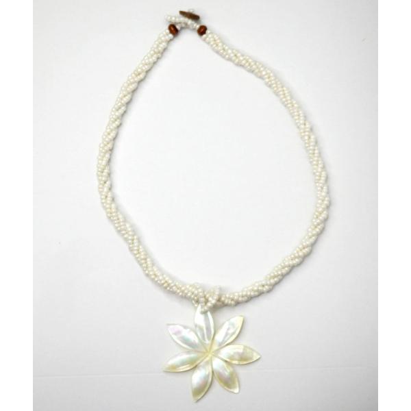 フラダンス ハワイアン タヒチアン ティアレ ネックレス　ホワイト ブラック・ターコイズ 　ビーズネックレス PUKANA 雑貨 ハワイ フラ フラダンスサイズ ビーズ全体長さ　約40-45ｃｍビーズから貝まで約25cmティアレ（蝶貝）直径...