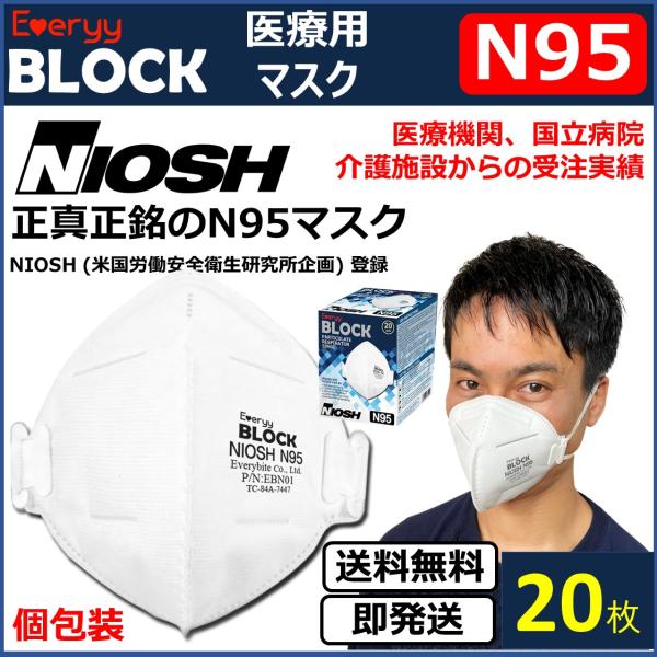 NIOSH N95 医療用 マスク 20枚 ワクチン接種 オミクロン株 感染対策 送料無料 Everyy N95マスク