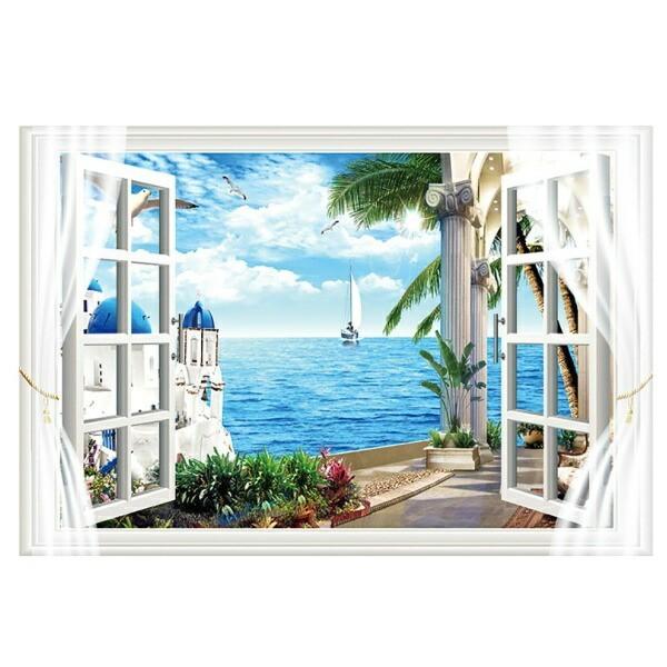 ウォールステッカー 窓 海 南国 おしゃれ ビーチ ヤシの木 お風呂 北欧