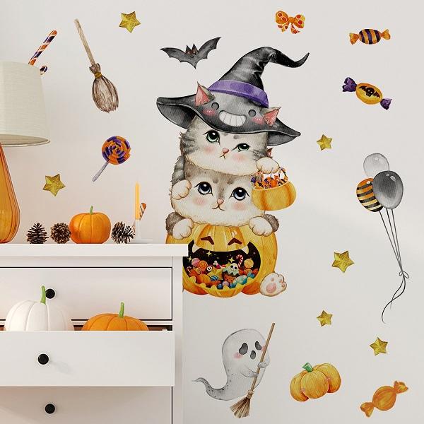 ウォールステッカー ハロウィン 猫 窓 秋 ステッカー 飾りドア 扉 壁紙 シール パーティー はがせる かぼちゃ 面白 おもしろ ウオールシール ハロウイン vr03186