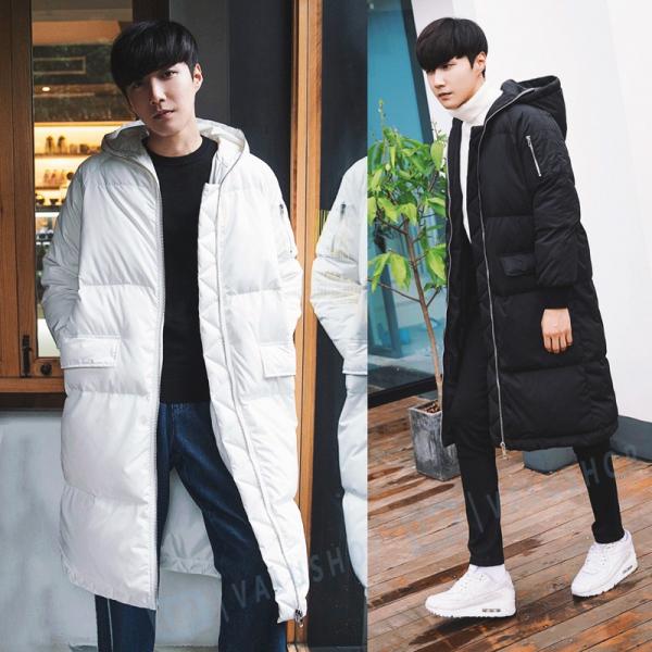 冬 韓国風 長い綿服 厚い 上着 メンズ ブラック ホワイト シンプル カジュアル 暖める 寒く