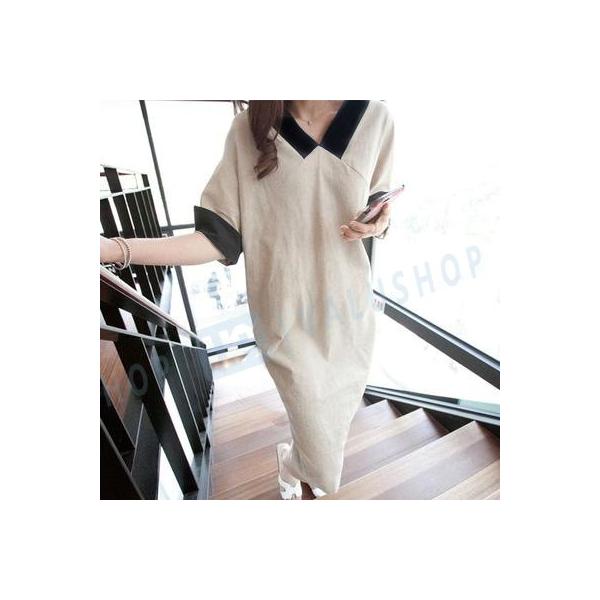 婦人服 ゆったり 韓国風 Vネック 半袖 ワンピース レディース 通勤 亜麻 再入荷 予約販売 カジュアル おしゃれ