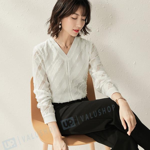 ブラウス レディース フリル Vネック 長袖 パフスリーブ トップス 無地 きれいめ フォーマル オフィス Portal Caymangateway Com