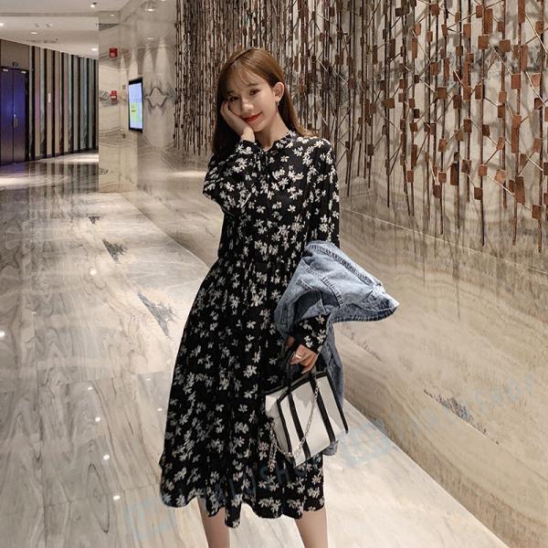 ワンピース 秋 新作 レディース 長袖 着痩せ カジュアル 2色 ホワイト シンプル ブラック 高品質