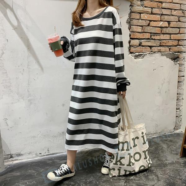 初秋 韓国風 メーカー再生品 レディース 新品 ゆったり ワンピース カジュアル ブラック 長袖 シンプル 長い