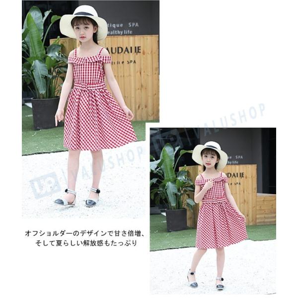 キッズ ワンピース チェック柄 オフショルダー ノースリーブ 膝丈 値引き 子供服 女の子 肩出し 夏物 ベルト付き 薄手 半袖ワンピース 女児