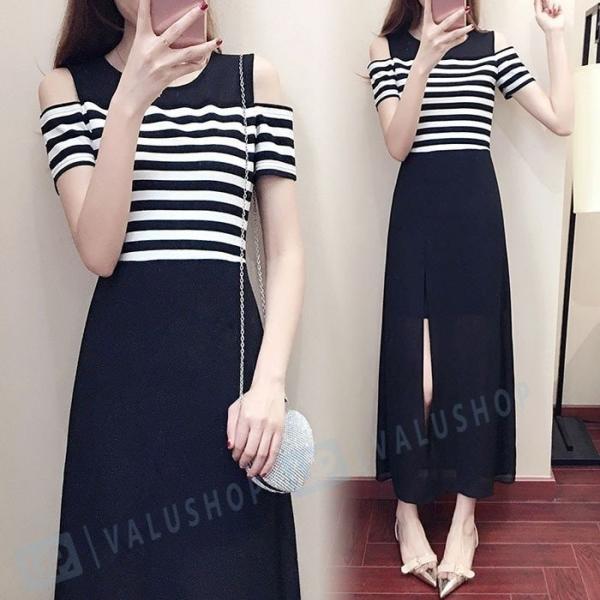 マキシワンピース 夏 レディース シフォンワンピース チュニック 18夏新作 ビーチワンピース ボーター柄 代引き不可 半袖