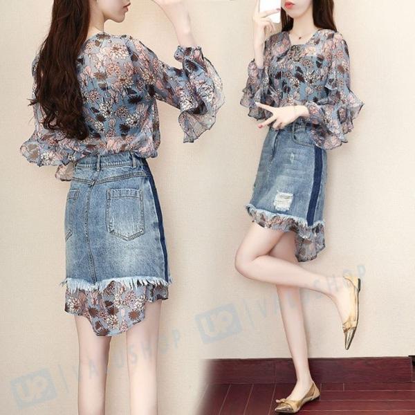 セットアップ レディース 上下セット シフォンブラウス デニムスカート 2点セット ルームウェア 大きいサイズ 18