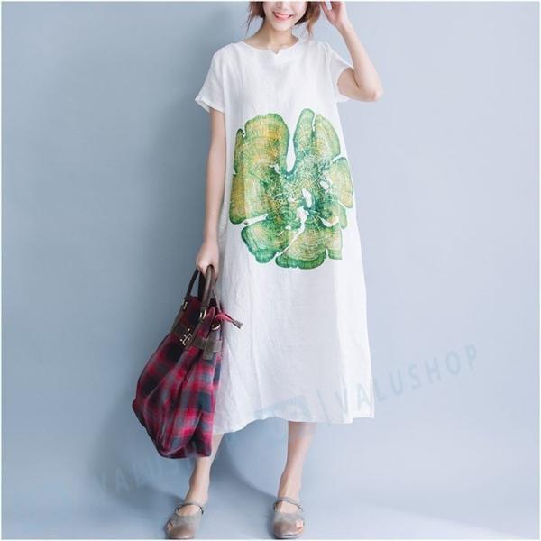 マキシワンピース 半袖 リゾート ワンピース レディース 花柄 ロング リネン Aライン 市販 18春夏新作 大きいサイズ