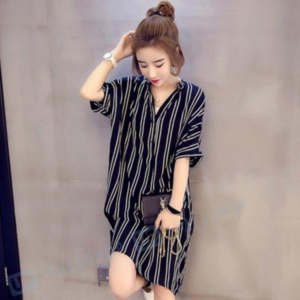 ワンピース 大きいサイズ 五分丈 膝丈 レディース シャツワンピース ストライプ柄 カジュアル ワンピース シフォン