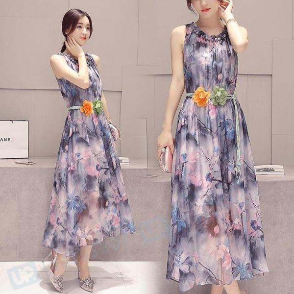 マキシワンピース 夏 レディース シフォンワンピース チュニック マキシワンピース 花柄 ノースリーブ ビーチワンピース 18夏
