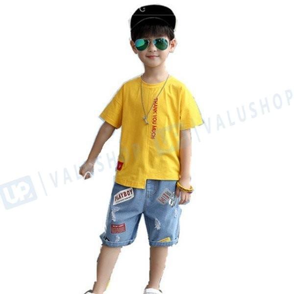 韓国子供服 セットアップ 男の子 半袖 Tシャツ カジュアルパンツ デニム 2点セット 数量は多 お出かけ 散歩 110 130 ホワイト 160cm 150 海外旅行 140 イエロー 1