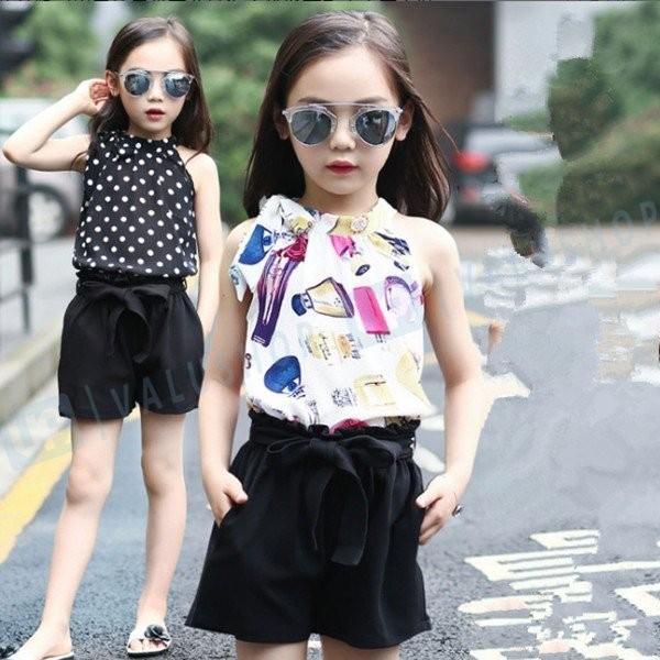 ブラウス ショートパンツ セットアップ 子供服 女の子 韓国子供服 キッズ ジュニア 激安特価品 ノースリーブ パンツ 柄 160cm 通園 春 150 140 1 夏 130