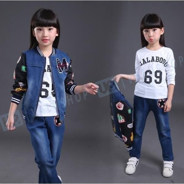 激安通販販売 セットアップ子供服女の子男の子デニムジャケットデニムパンツ3点セットキッズジュニア長袖通学可愛い韓国風入学式卒業式春秋