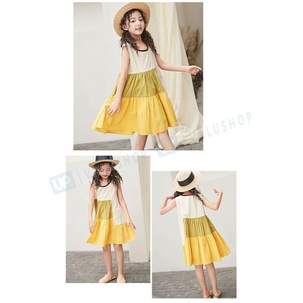 ワンピース 綿100 袖なしワンピース 供え 韓国子供服 女の子 ミックスカラー 丸首 お出かけ キッズ 夏着 170cm 150 子供用 110 1 通園 130 イエロー 140 160