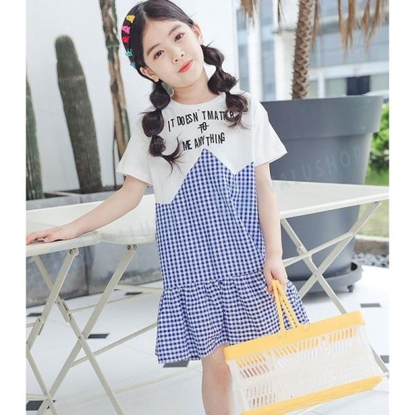 ワンピース 純綿 女の子 夏着 半袖ワンピース チェックワンピース カジュアルドレス フォーマルワンピース レッド 130 150 110 1 160 170cm 140 往復送料無料 ブルー