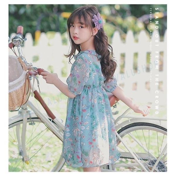 韓国子供服 ワンピース 女の子 夏ワンピ シフォン 花柄ワンピース フラワーガール 半袖ワンピース 結婚式 子供ワンピ 160cm 登場大人気アイテム 110 1 パーティー 150 140 130