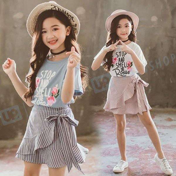 Sale 韓国子供服 女の子 Tシャツ ラップスカート 上下セット ストライプ 夏服 涼しい 子供服 オシャ 110 160cm スウィート 140 可愛い 1 130 150 お出かけ