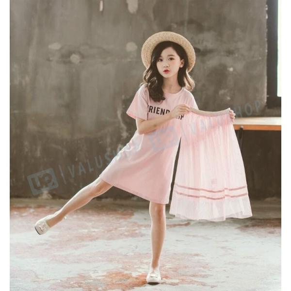女の子 夏服 ワンピース ワンピースセット キッズ 子供服 半袖ワンピース ロングtシャツ 2通りの着方 お洒落 普段着 お出かけ 160cm メーカー直送 ピンク 通園 綿 110 通学