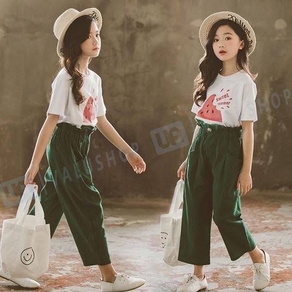 韓国子供服 夏服 女の子 半袖 丸首 Tシャツ カジュアルパンツ 上下セット カジュアル キッズ