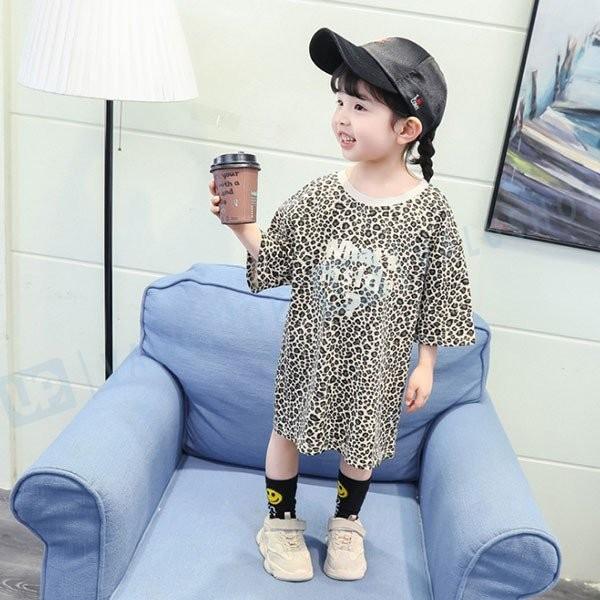 韓国子供服 女の子 ヒョウ柄 ワンピース Tシャツワンピース カジュアル キッズ 夏着 お出かけ 遠足