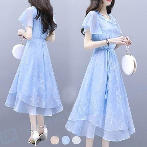 3色 ワンピース 高級 レディース きれいめ 夏 フレア 半袖 シフォン 通勤 着痩せ 上品 ドレス 大人 オシャレ ハイウエスト 韓国風
