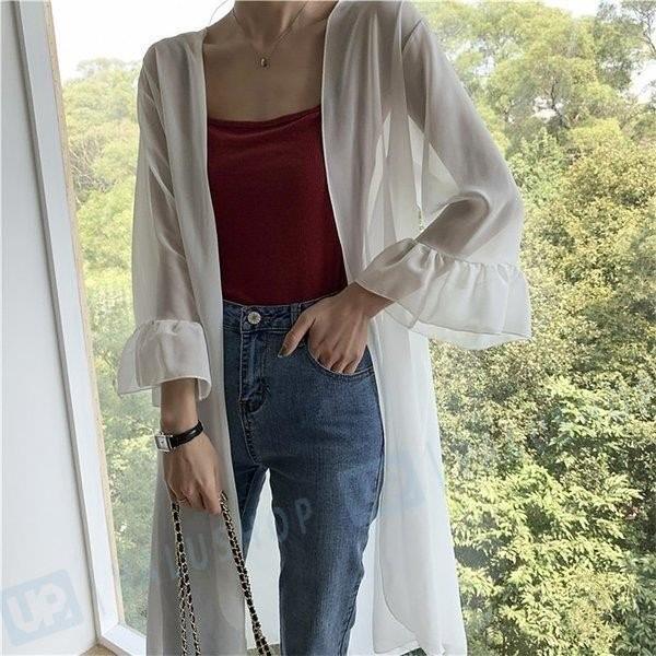 ブラウスレディース オシャレ 白カーディガン Uvカットシャツ 期間限定お試し価格 フレア ブラウス 羽織り シフォン 日焼け防止 夏 涼しい 40代 ロング丈