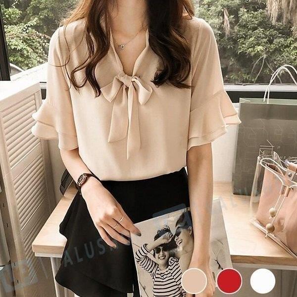 ブラウス お値打ち価格で レディース 夏 リボン トップス シャツ シフォン 無地 大きいサイズ 通勤 フォーマル 40代 韓国風 着痩せ おしゃれ