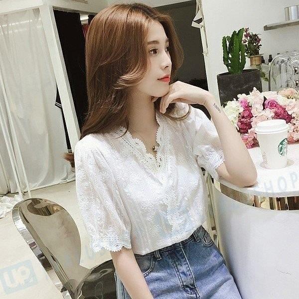 ブラウスレディース オシャレ 白レース トップス 夏 ホワイト Vネック 韓国風 フォーマル シャツ オンライン限定商品 可愛い Ol 通勤