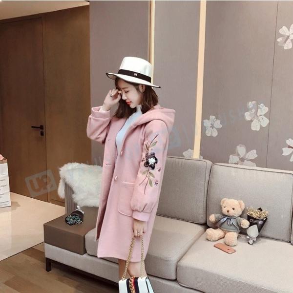 花柄 刺繍 ダッフルコート ピンク オーバー レディース フード付き 秋冬物 激安通販専門店 あったか アウター 女性用 レディス 17新作 おしゃれ 着痩せ 防寒着