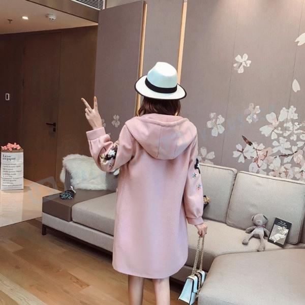 花柄 刺繍 ダッフルコート ピンク オーバー レディース フード付き 秋冬物 激安通販専門店 あったか アウター 女性用 レディス 17新作 おしゃれ 着痩せ 防寒着