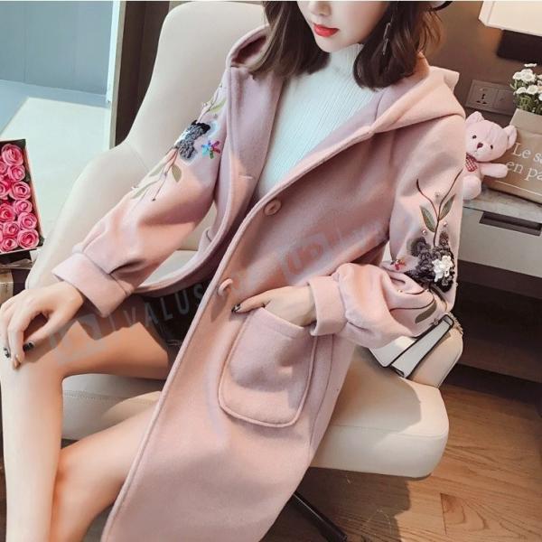 花柄 刺繍 ダッフルコート ピンク オーバー レディース フード付き 秋冬物 激安通販専門店 あったか アウター 女性用 レディス 17新作 おしゃれ 着痩せ 防寒着